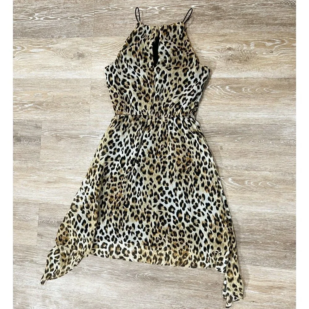 Aqua Sz XS Leopard Print Asymmetrical Blouson Elastic Waist Keyhole Halter Dress